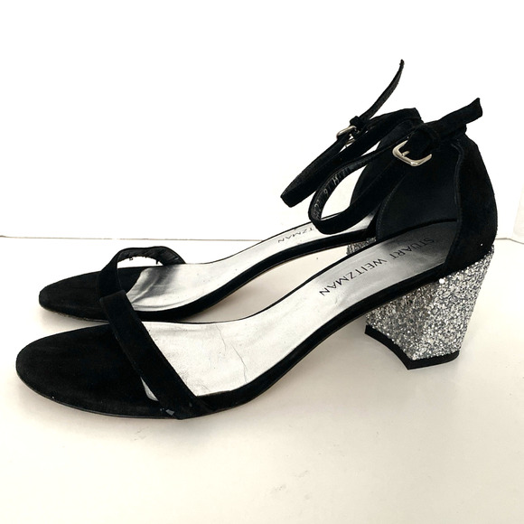 Stuart Weitzman Simplemid Ankle Strap Sandal Black Open Toe Glitter Bloc… - Picture 5 of 8